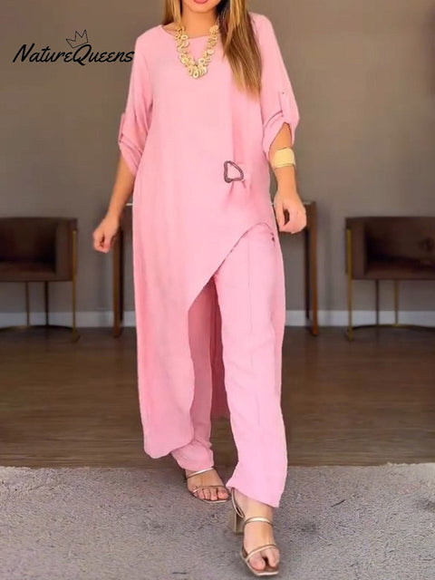 Women's Solid Color Round Neck 3/4 Sleeve Casual Cotton and Linen Top with Elastic Waist and Wide-Leg Pants Set