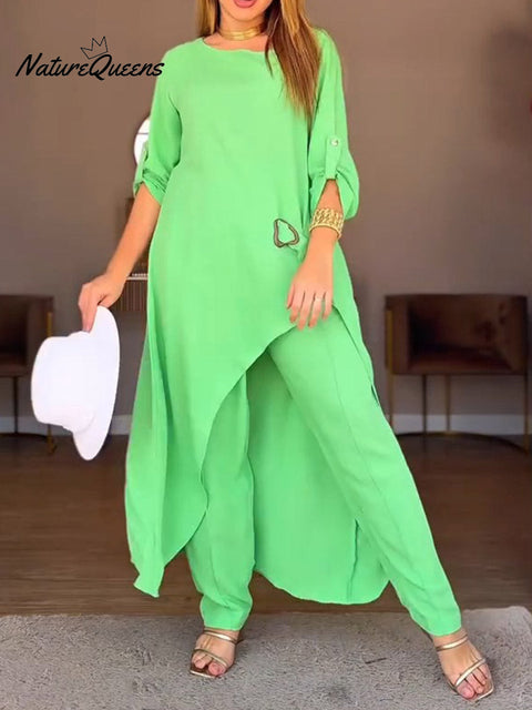 Women's Solid Color Round Neck 3/4 Sleeve Casual Cotton and Linen Top with Elastic Waist and Wide-Leg Pants Set