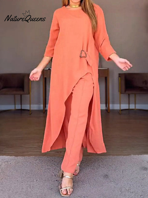 Women's Solid Color Round Neck 3/4 Sleeve Casual Cotton and Linen Top with Elastic Waist and Wide-Leg Pants Set