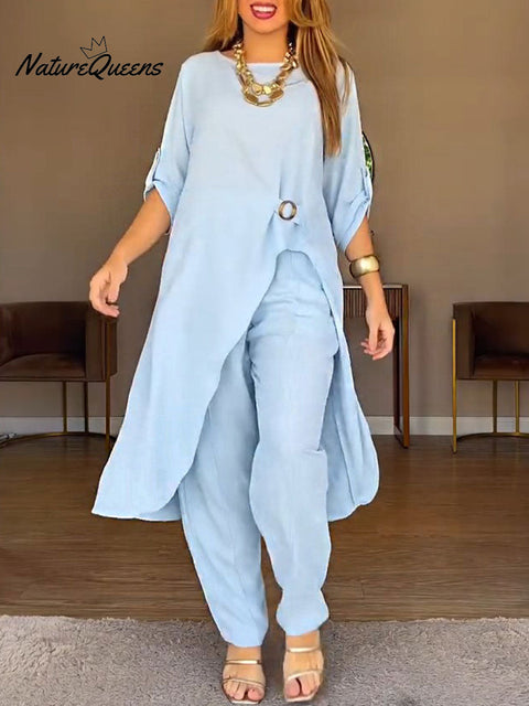 Women's Solid Color Round Neck 3/4 Sleeve Casual Cotton and Linen Top with Elastic Waist and Wide-Leg Pants Set