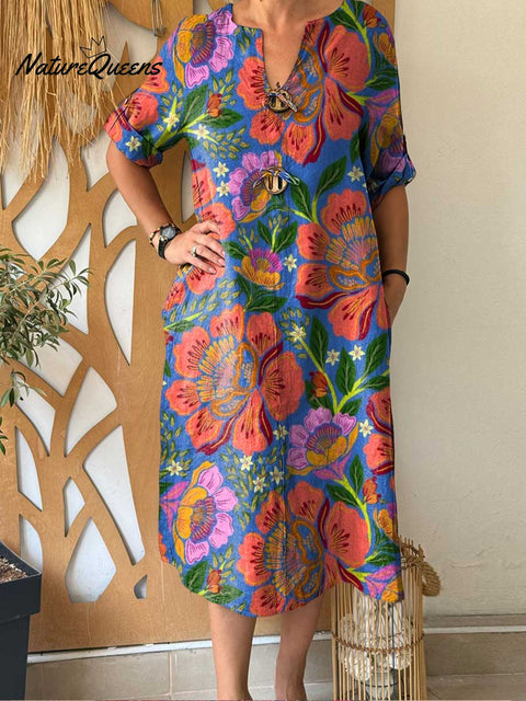 Women's Retro Floral Print V-Neck 3/4 Sleeve Casual Cotton and Linen Dress