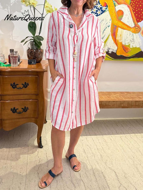 Women's Striped Print Lapel Long Sleeve Casual Cotton and Linen Shirt Dress