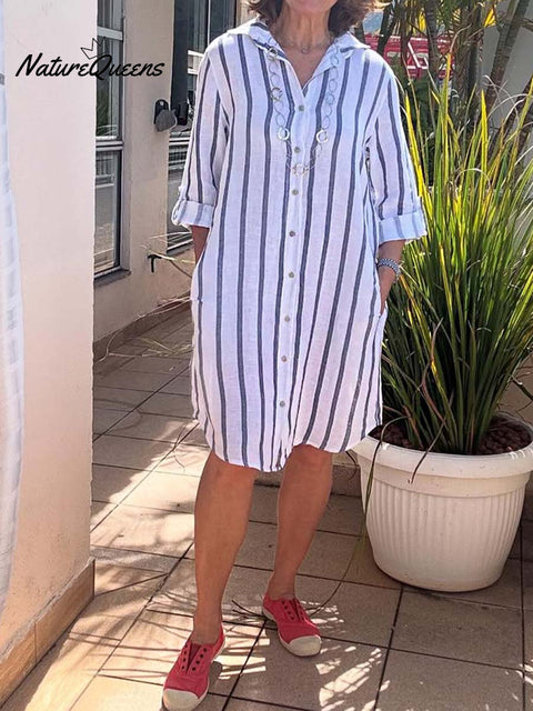 Women's Striped Print Lapel Long Sleeve Casual Cotton and Linen Shirt Dress