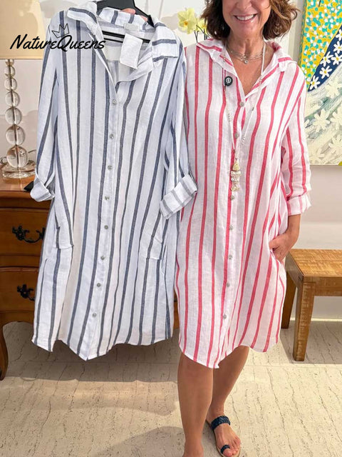 Women's Striped Print Lapel Long Sleeve Casual Cotton and Linen Shirt Dress