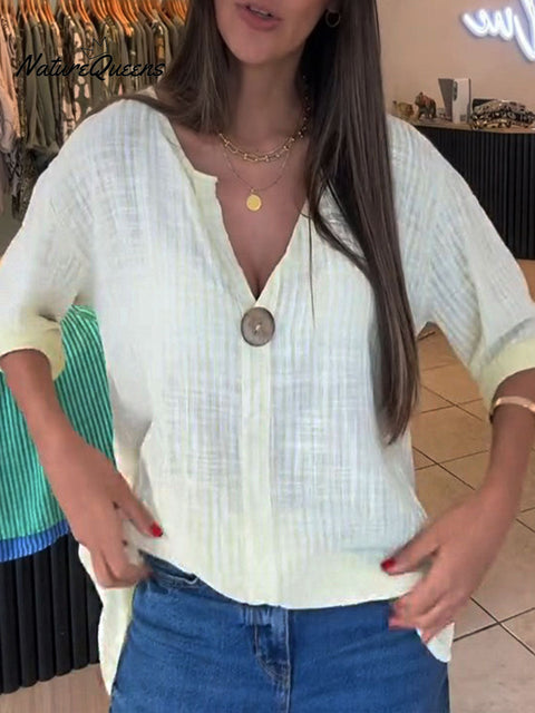 Women's Striped Print V-Neck 3/4 Sleeve Casual Cotton and Linen Top