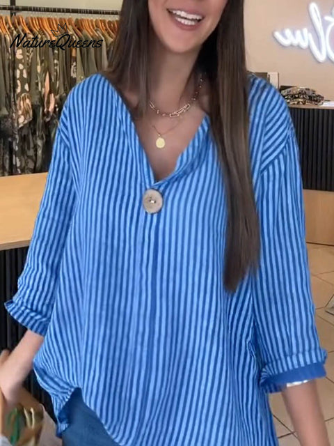 Women's Striped Print V-Neck 3/4 Sleeve Casual Cotton and Linen Top