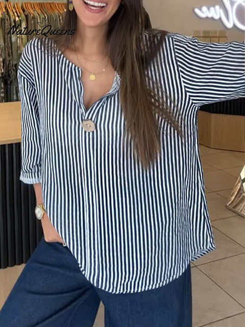 Women's Striped Print V-Neck 3/4 Sleeve Casual Cotton and Linen Top