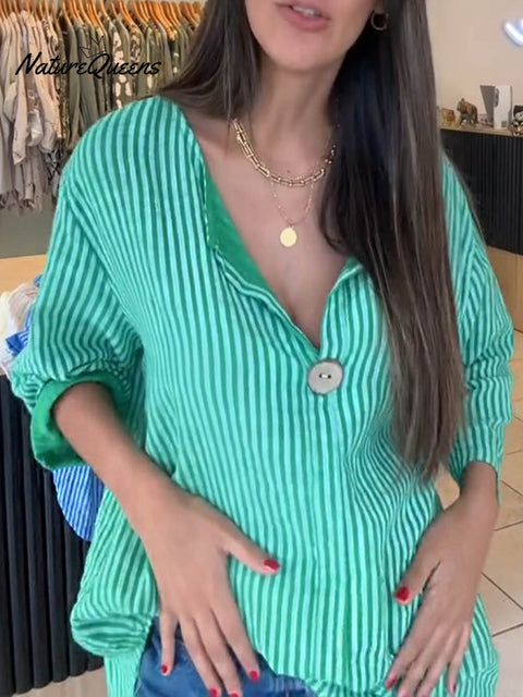 Women's Striped Print V-Neck 3/4 Sleeve Casual Cotton and Linen Top
