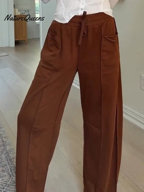 Women's Solid Color Elastic Waist Casual Cotton and Linen Straight Pants