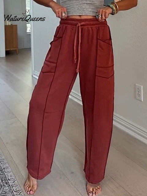 Women's Solid Color Elastic Waist Casual Cotton and Linen Straight Pants