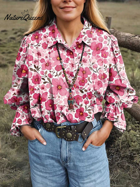 Women's Retro Floral Lapel Long Sleeve Pleated Casual Cotton and Linen Shirt