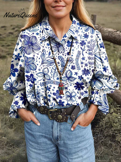 Women's Retro Floral Lapel Long Sleeve Pleated Casual Cotton and Linen Shirt