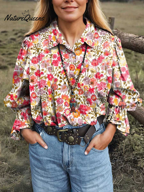 Women's Retro Floral Lapel Long Sleeve Pleated Casual Cotton and Linen Shirt