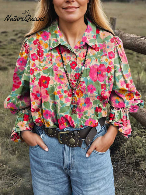 Women's Retro Floral Lapel Long Sleeve Pleated Casual Cotton and Linen Shirt