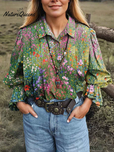 Women's Retro Floral Lapel Long Sleeve Pleated Casual Cotton and Linen Shirt