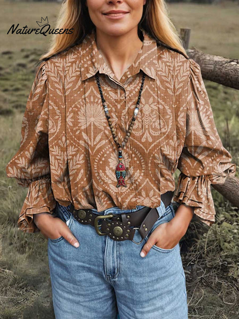 Women's Retro Print Lapel Long Sleeve Pleated Casual Cotton and Linen Shirt