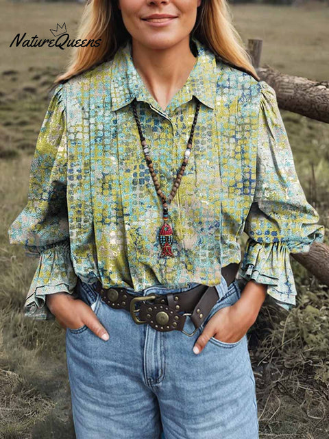 Women's Retro Print Lapel Long Sleeve Pleated Casual Cotton and Linen Shirt
