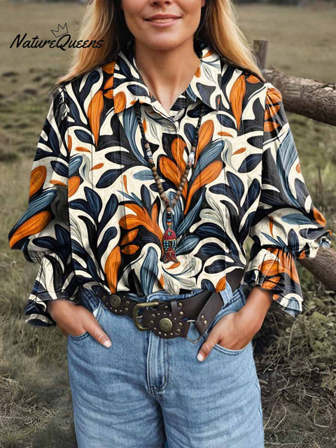 Women's Leaf Print Lapel Long Sleeve Pleated Casual Cotton and Linen Shirt