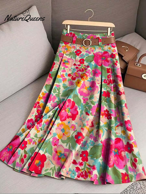 Women's Retro Print High Waist A-Line Casual Skirt