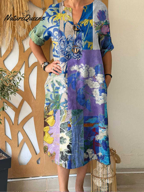 Women's Retro Print V-Neck 3/4 Sleeve Casual Loose Cotton and Linen Dress