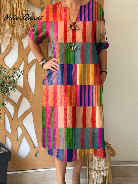 Women's Geometric Print V-Neck 3/4 Sleeve Casual Loose Cotton and Linen Dress
