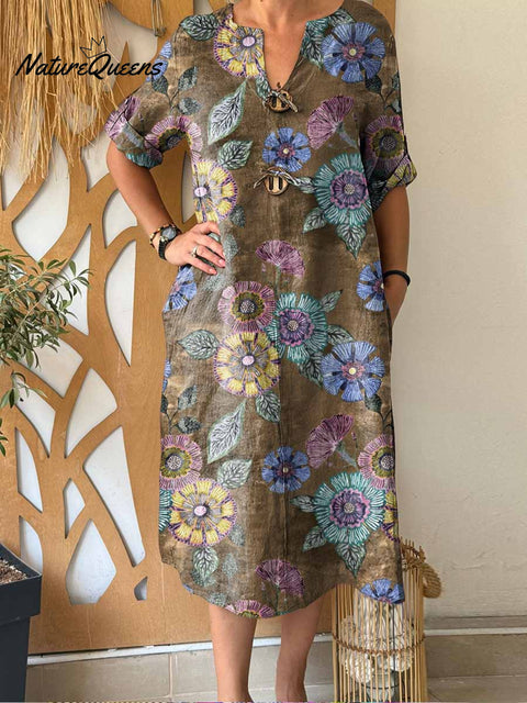 Women's Retro Print V-Neck 3/4 Sleeve Casual Loose Cotton and Linen Dress