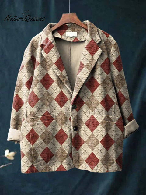 Women's Geometric Print Lapel Long Sleeve Casual Loose Corduroy Blazer