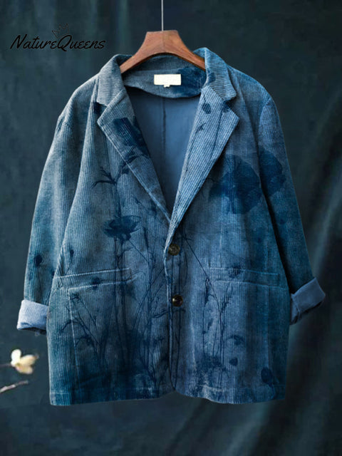 Women's Retro Positioning Pattern Print Lapel Long Sleeve Casual Loose Corduroy Blazer