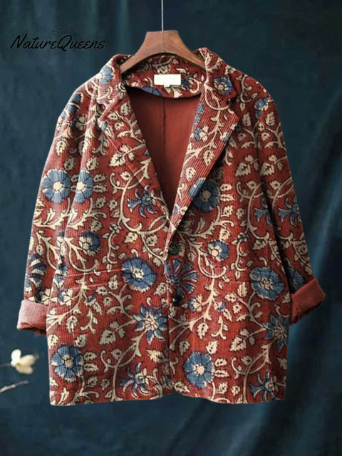 Women's Retro Floral Print Lapel Long Sleeve Casual Loose Corduroy Blazer