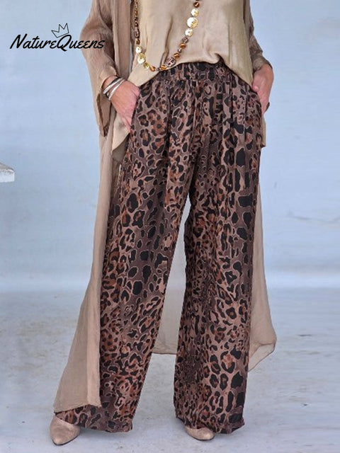 Women's Elastic Waist Leopard Print Casual Wide Leg Pants