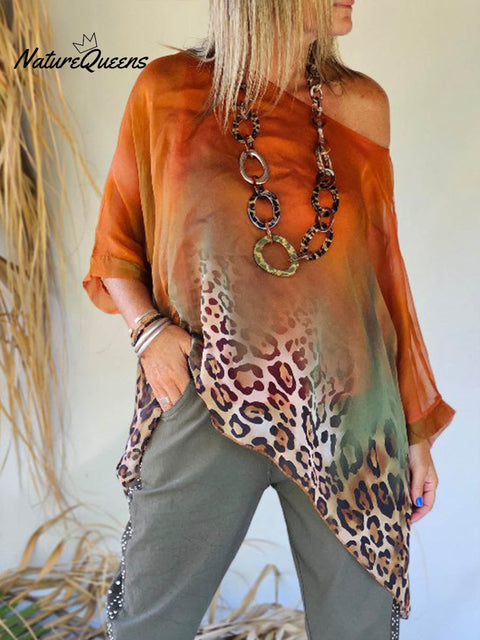 Women's Round Neck Long Sleeve Leopard Print Casual Top