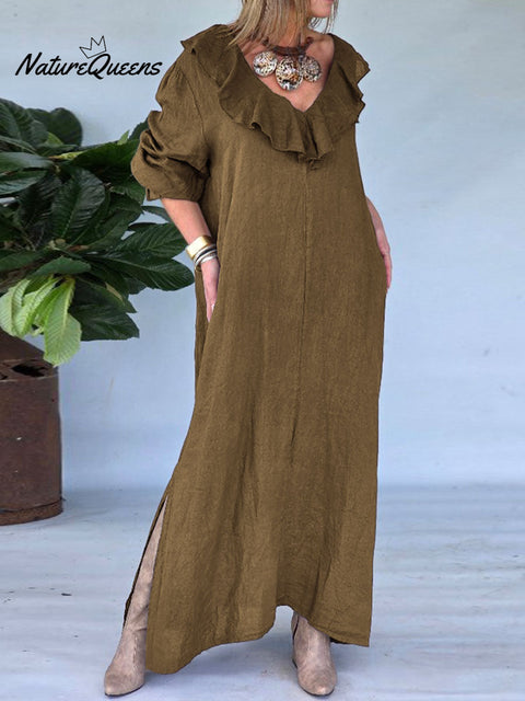 Women's Solid Color V-Neck Ruffle Long Sleeve Casual Cotton and Linen Dress