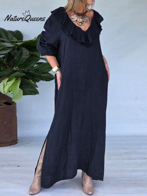 Women's Solid Color V-Neck Ruffle Long Sleeve Casual Cotton and Linen Dress