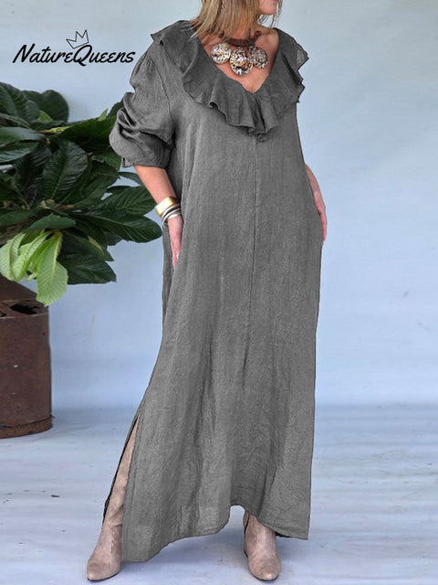 Women's Solid Color V-Neck Ruffle Long Sleeve Casual Cotton and Linen Dress