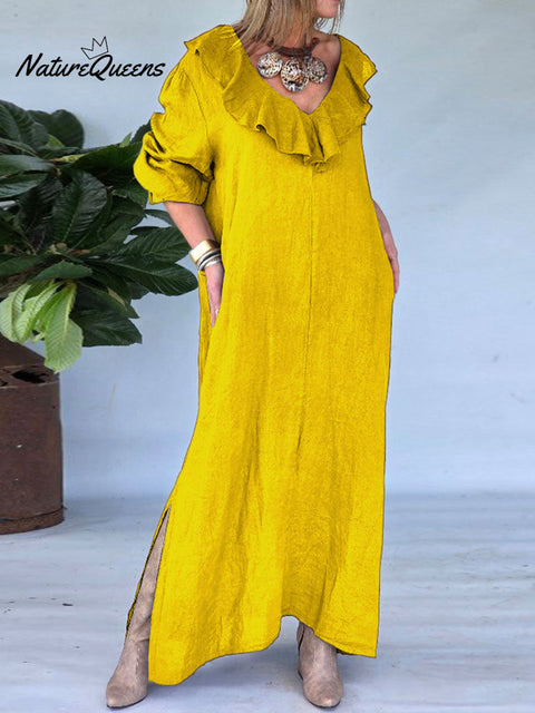 Women's Solid Color V-Neck Ruffle Long Sleeve Casual Cotton and Linen Dress