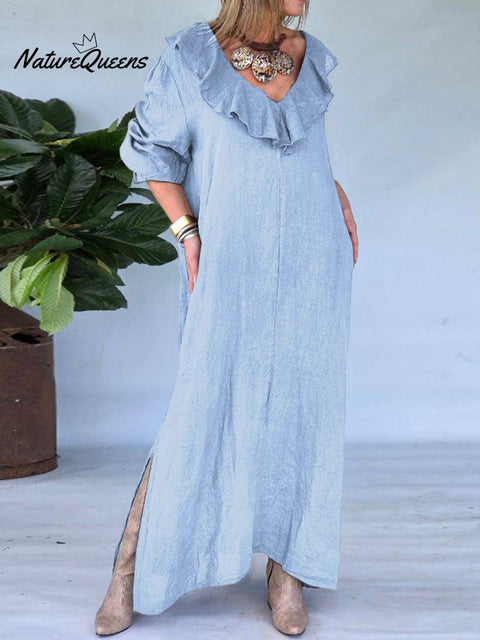 Women's Solid Color V-Neck Ruffle Long Sleeve Casual Cotton and Linen Dress
