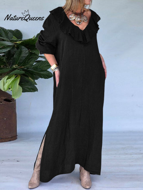 Women's Solid Color V-Neck Ruffle Long Sleeve Casual Cotton and Linen Dress