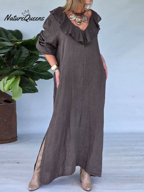 Women's Solid Color V-Neck Ruffle Long Sleeve Casual Cotton and Linen Dress