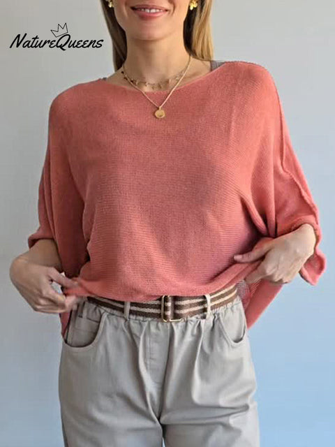 Women's Solid Color Round Neck 3/4 Sleeve Casual Knit Top