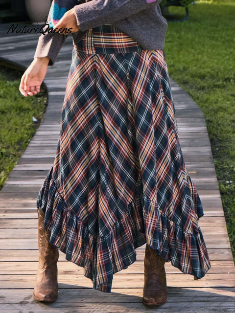 Women's Plaid Print Elastic Waist Casual Cotton and Linen Skirt Strapless Dress Two-Way Dress