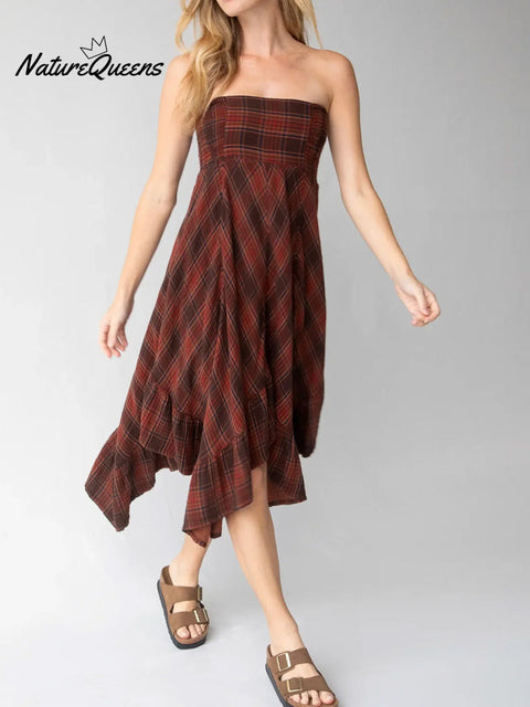Women's Plaid Print Elastic Waist Casual Cotton and Linen Skirt Strapless Dress Two-Way Dress