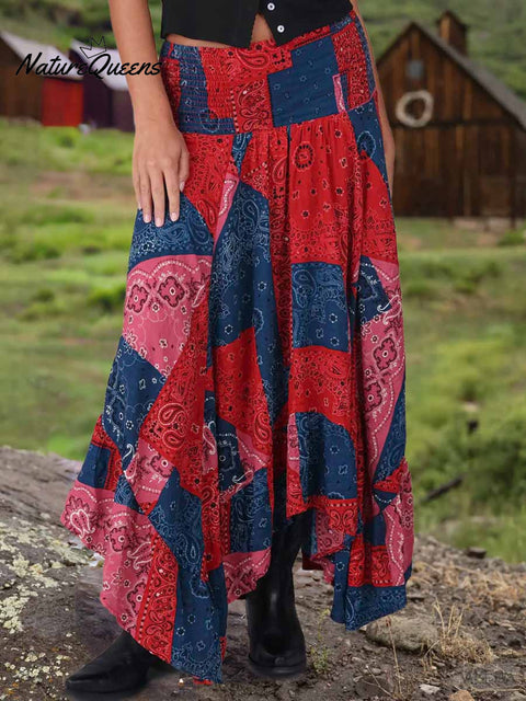 Women's Paisley Print Elastic Waist Casual Cotton and Linen Skirt Strapless Dress Two-Way Dress