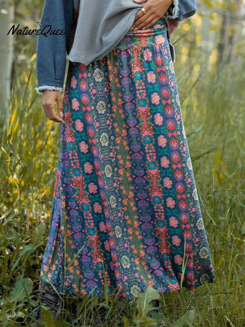Women's Retro Floral Print Elastic Waist Casual Cotton and Linen Skirt Strapless Dress Two-Way Dress