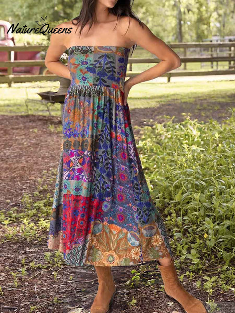 Women's Retro Collage Print Elastic Waist Casual Cotton and Linen Skirt Strapless Dress Two-Way Dress