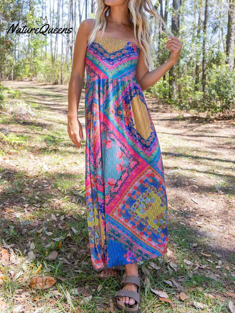 Women's Geometric Retro Print Elastic Waist Casual Cotton and Linen Skirt Strapless Dress Two-Way Dress