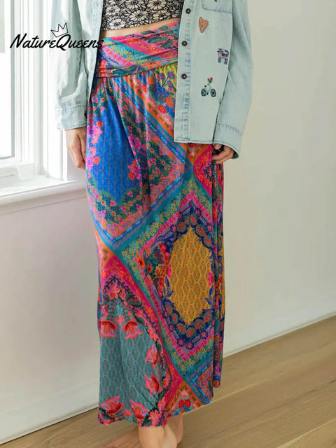 Women's Geometric Retro Print Elastic Waist Casual Cotton and Linen Skirt Strapless Dress Two-Way Dress