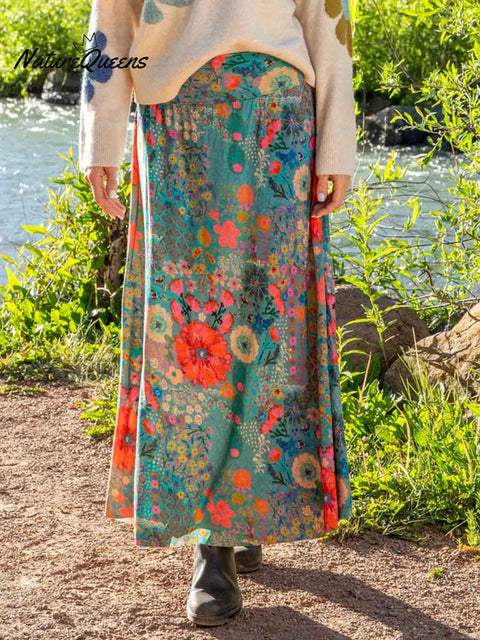 Women's Retro Floral Print Elastic Waist Casual Cotton and Linen Skirt Strapless Dress Two-Way Dress