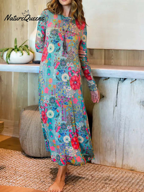 Women's Retro Floral Print Round Neck Long Sleeve Casual Loose Dress