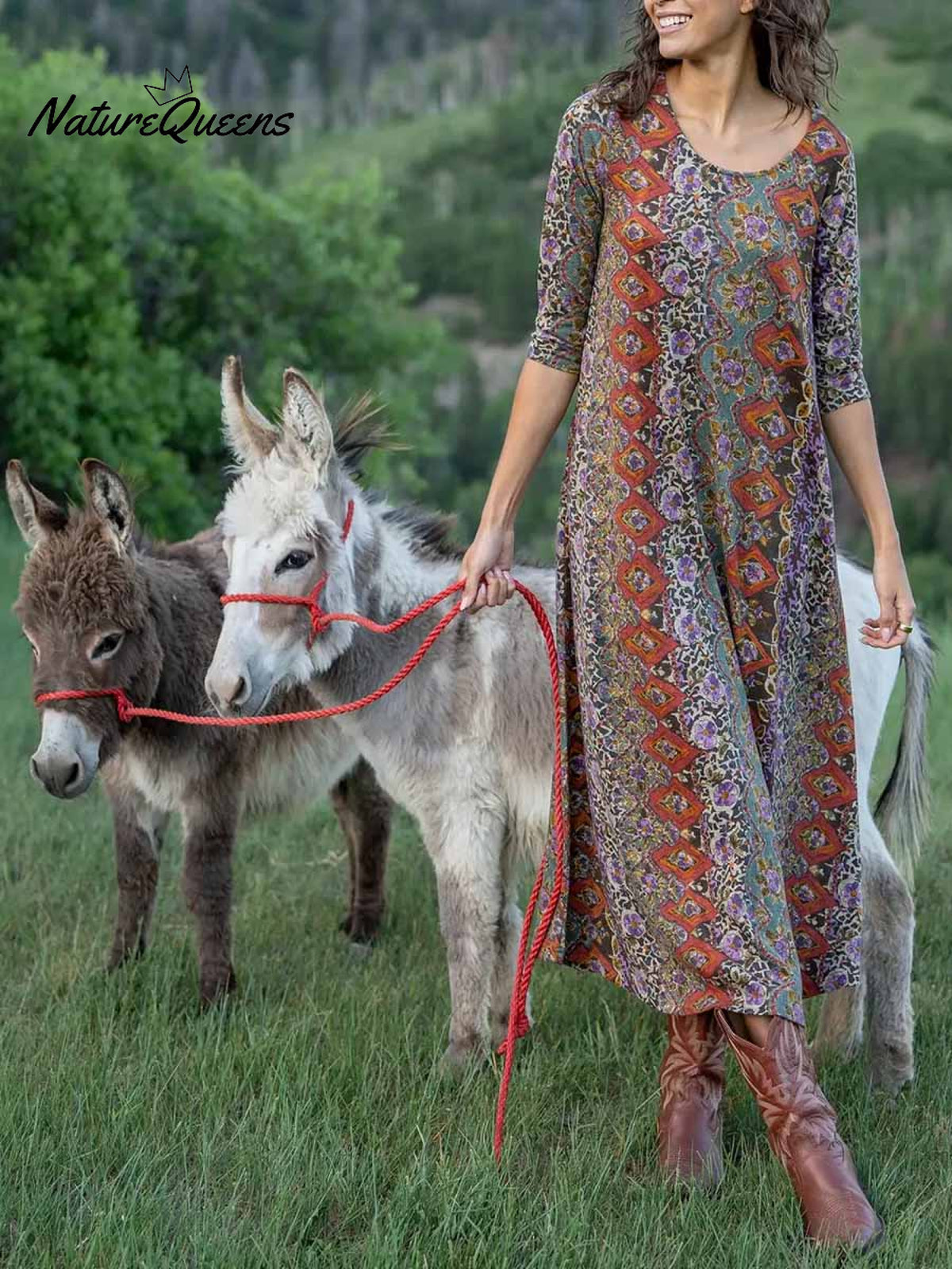 Women's Retro Floral Print Round Neck 3/4 Sleeve Casual Loose Dress