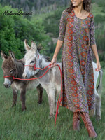 Women's Retro Floral Print Round Neck 3/4 Sleeve Casual Loose Dress